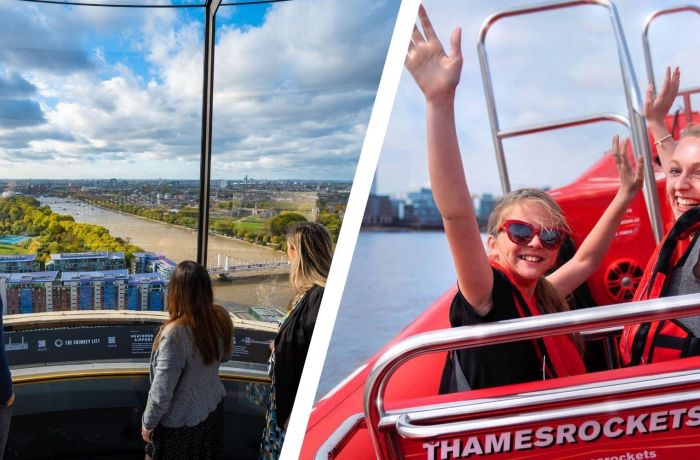 Split photo of people looking at views from chimney lift and on thames rockets speedboat ride