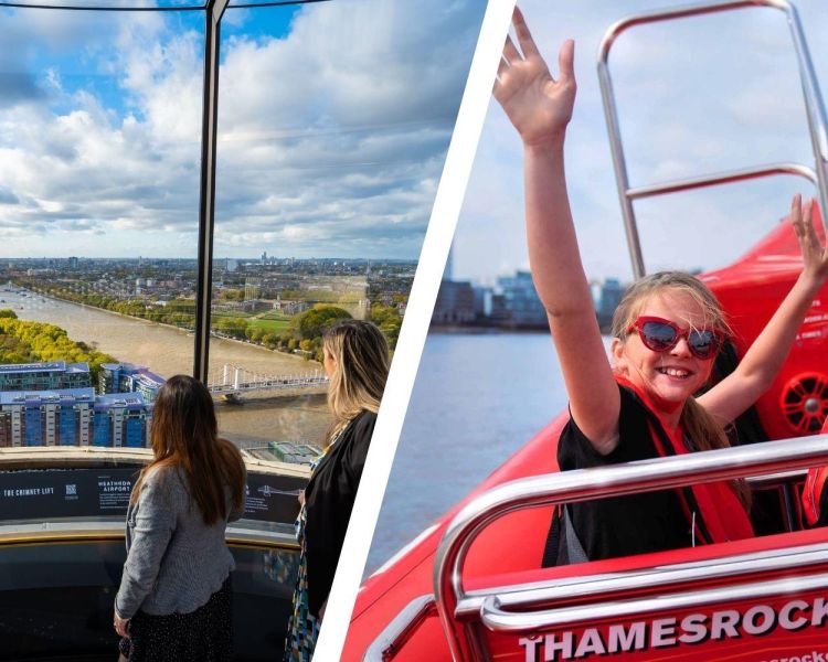 Split photo of people looking at views from chimney lift and on thames rockets speedboat ride