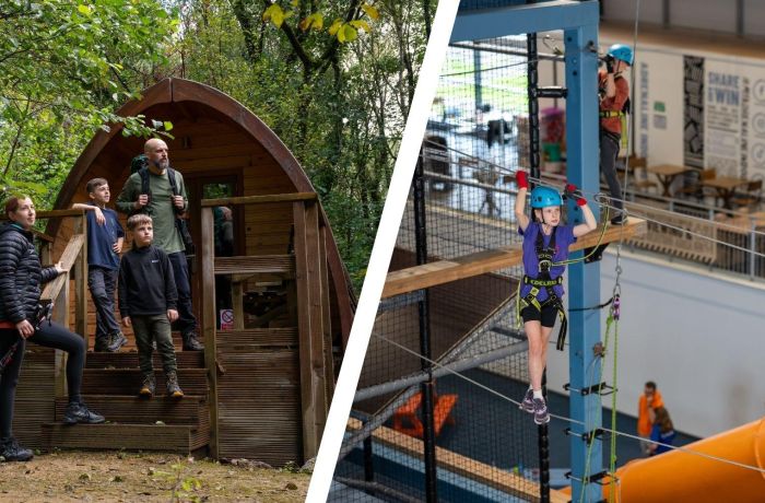 Split photo of family outside wooden pod and child on indoor high ropes course