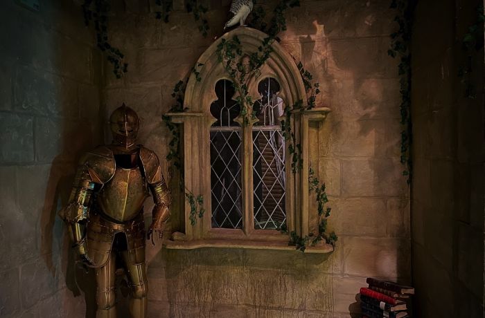 medieval room with suit of amour in the corner next to a window with an owl sitting on top
