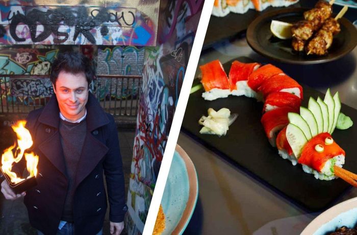 Split photo of sushi and man holding a wallet on fire for a magic masterclass at inamo
