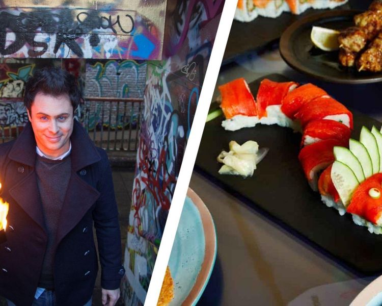 Split photo of sushi and man holding a wallet on fire for a magic masterclass at inamo