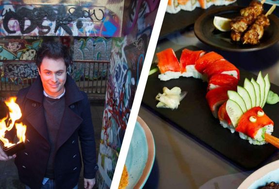 Split photo of sushi and man holding a wallet on fire for a magic masterclass at inamo