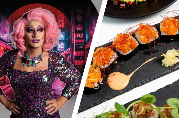 Split photo of drag queen and plates of sushi for a drag night at inamo london