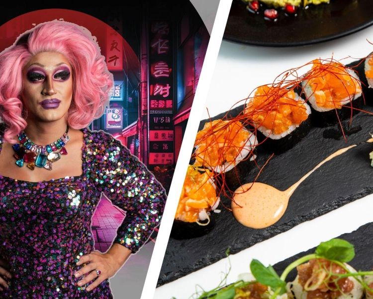 Split photo of drag queen and plates of sushi for a drag night at inamo london