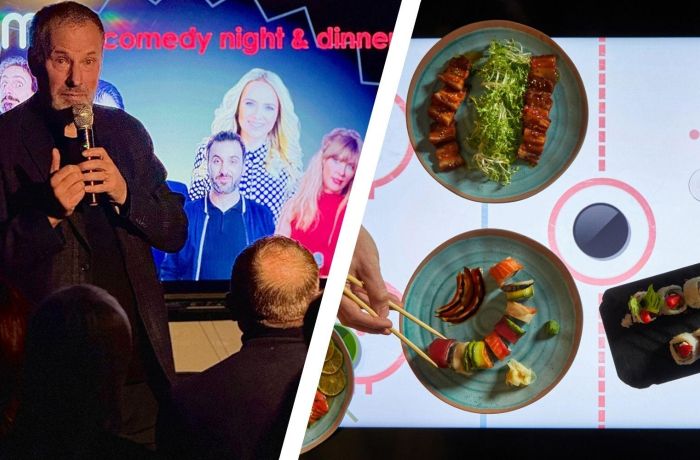 Split photo of comedian and plates of sushi for a comedy night at inamo london