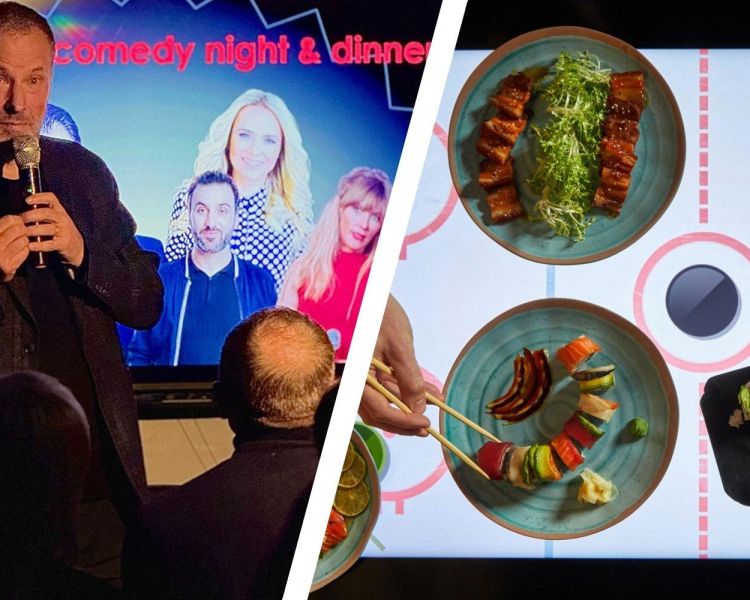 Split photo of comedian and plates of sushi for a comedy night at inamo london