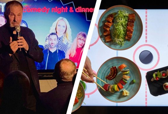 Split photo of comedian and plates of sushi for a comedy night at inamo london