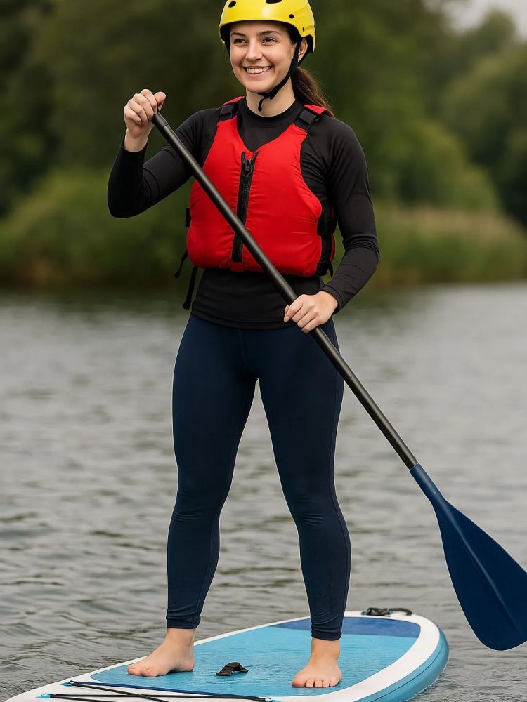 Woman paddleboarding at oulton braod water sports centre in suffolk