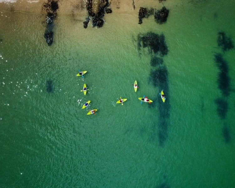 Aerial view of kayakers on water on pembrokeshire coast