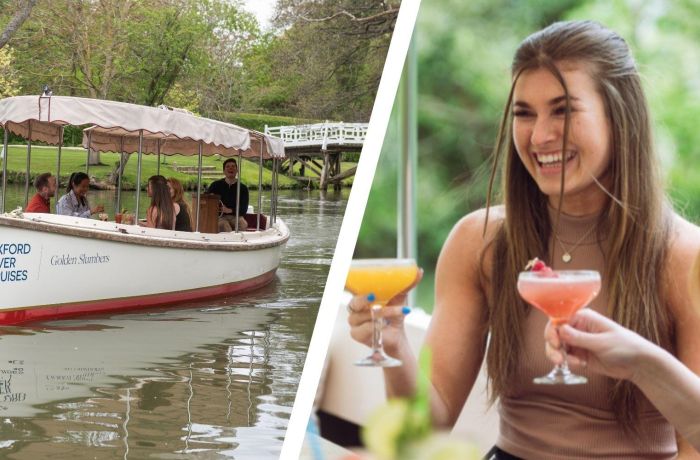 Split photo of oxford river boat and ladies with spritzer cocktails