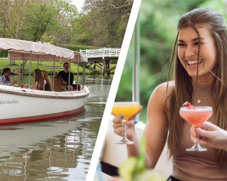 Split photo of oxford river boat and ladies with spritzer cocktails