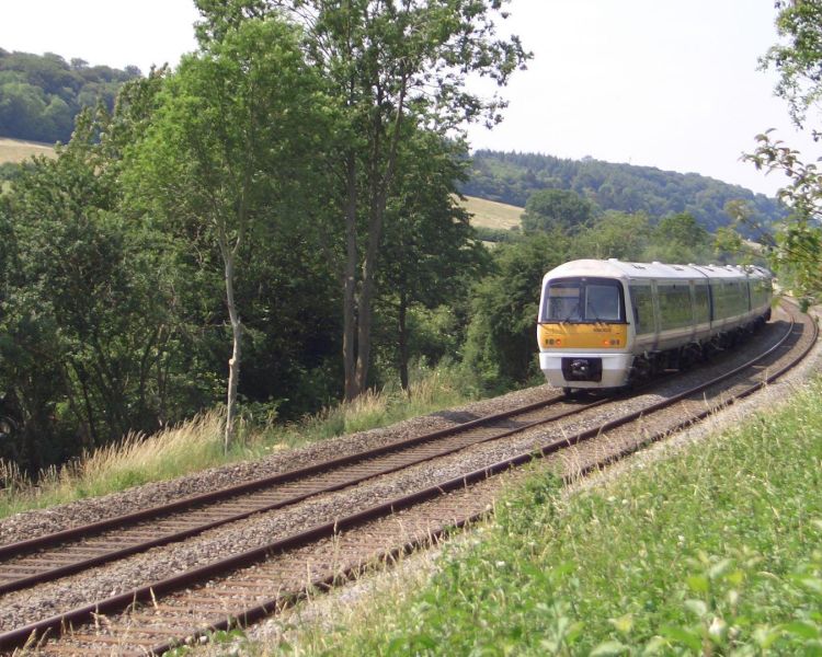 Train on tracks surrounded by greenery