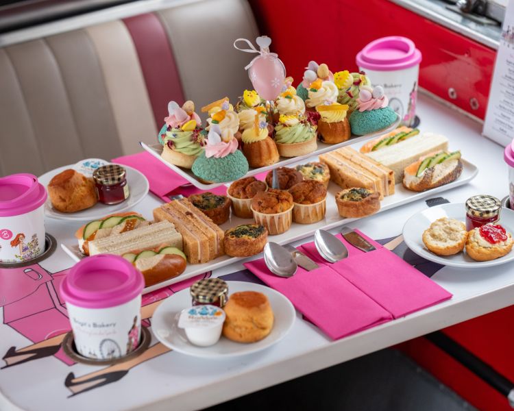 Easter afternoon tea set up on b bakery bus tour london