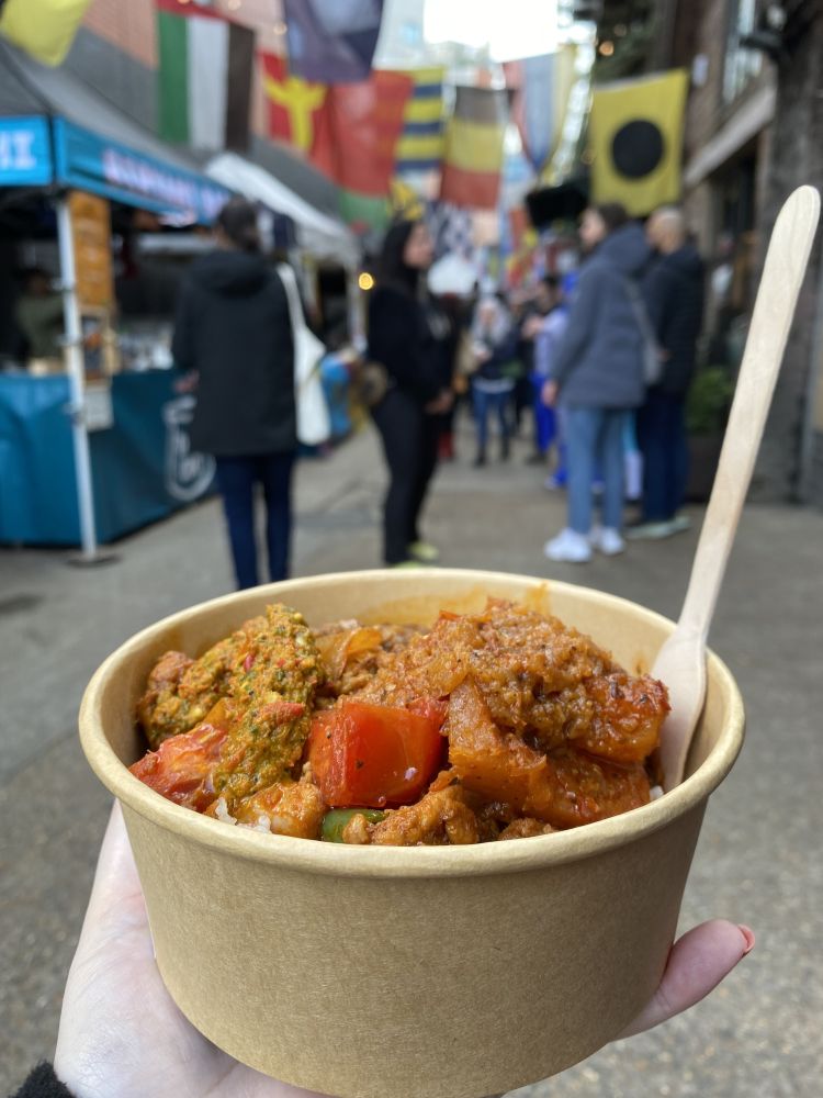 Bowl of food eaten on a mystery food tour in london