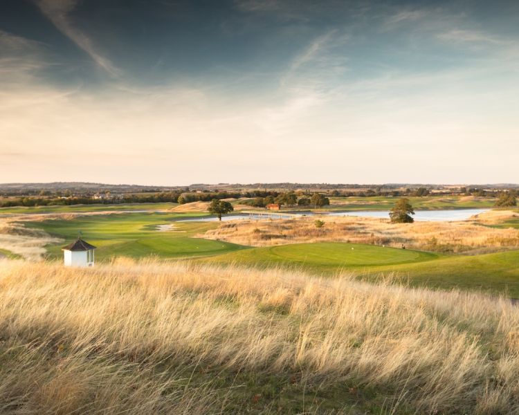Aerial shot of the golf course at the oxfordshire hotel