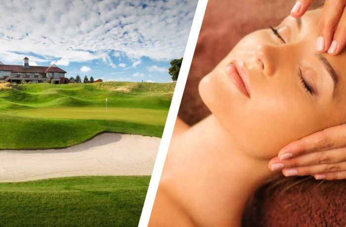 Split photo of golf course and spa treatment at the oxfordshire hotel