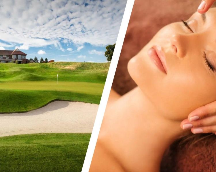 Split photo of golf course and spa treatment at the oxfordshire hotel