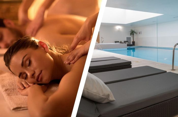 Split photo of couples spa treatment and swimming pool at the oxfordshire hotel
