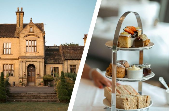 Split photo of front of bagden hall and an afternoon tea