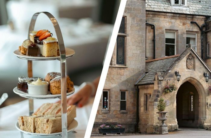 Split photo of front of grinkle park hotel and an afternoon tea