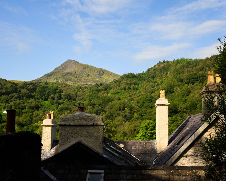 Mountain view in background of inn