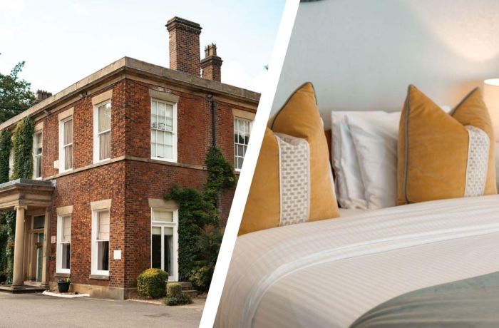 Split photo of front of farington lodge hotel and a double bedroom