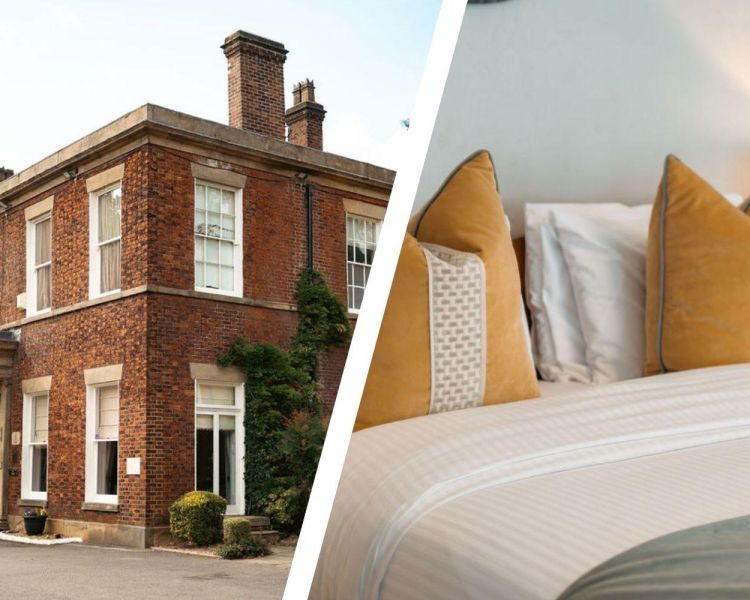 Split photo of front of farington lodge hotel and a double bedroom