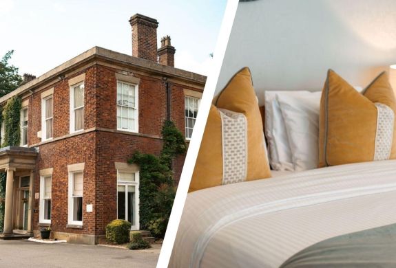 Split photo of front of farington lodge hotel and a double bedroom