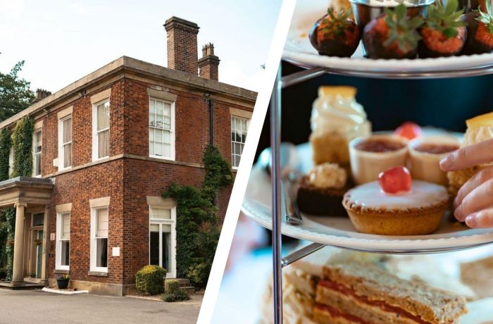 Split photo of front of farington lodge hotel and an afternoon tea