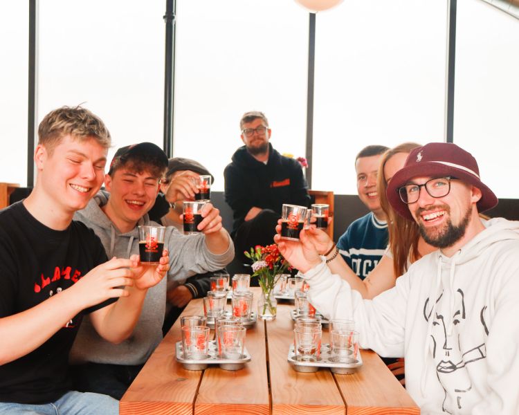 Group tasting beer on 3 locks brewery tour in camden