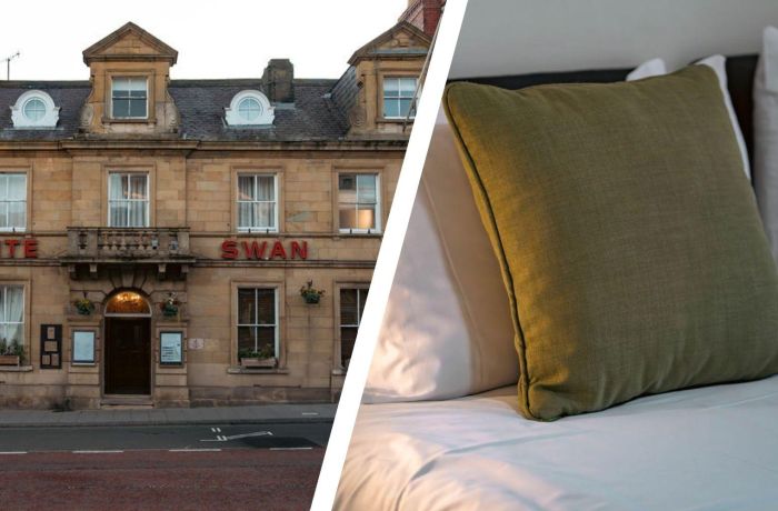Split photo of front of the white swan hotel and bedroom