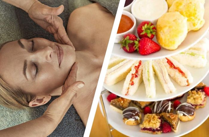 Split photo of woman having facial treatment and an afternoon tea at the oxfordshire hotel