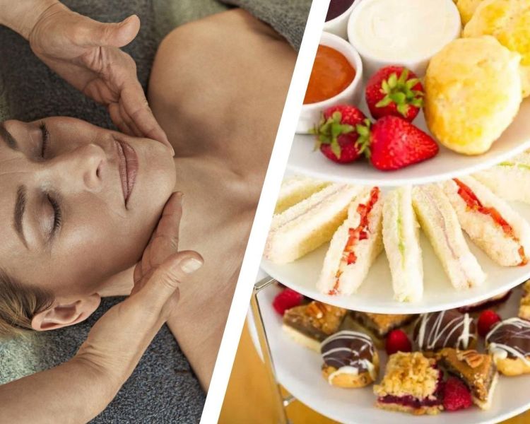 Split photo of woman having facial treatment and an afternoon tea at the oxfordshire hotel