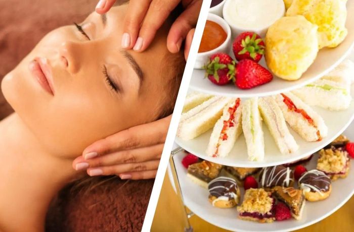 Split photo of woman having a spa facial and an afternoon tea at the oxfordshire hotel