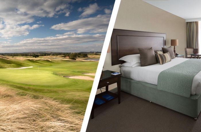 Split photo of golf course and double bedroom at the oxfordshire hotel