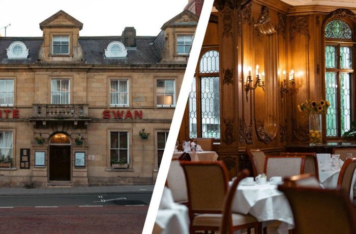 Split photo of the front of the white swan hotel and its period dining room