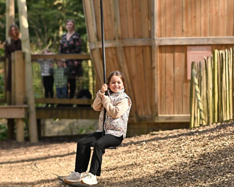 Child on zip wire swing at the playground at belvoir castle