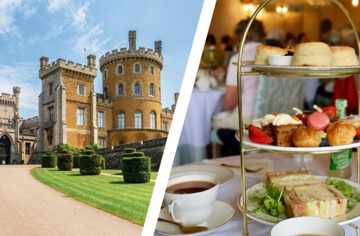 Split photo of belvoir castle and an afternoon tea