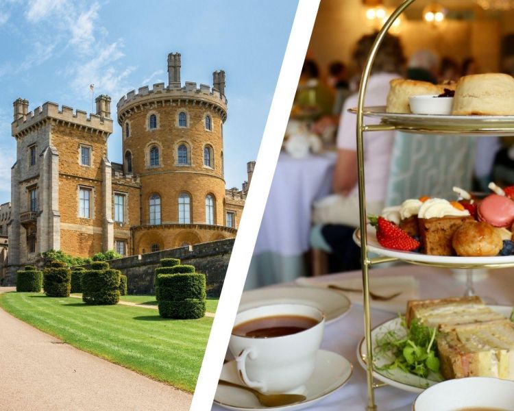 Split photo of belvoir castle and an afternoon tea