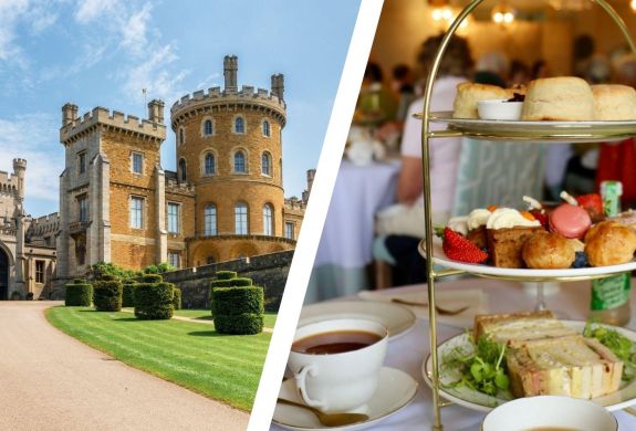 Split photo of belvoir castle and an afternoon tea