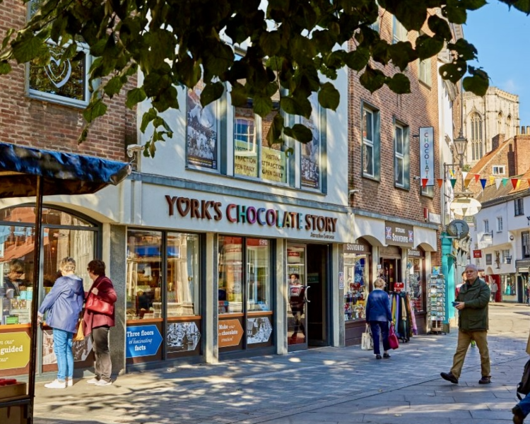 york's chocolate story shop seen on a historical walking tour in york