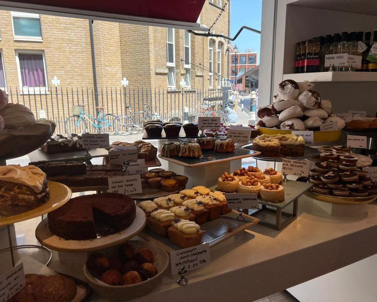 Window display in bakery in east end of london seen on food tour