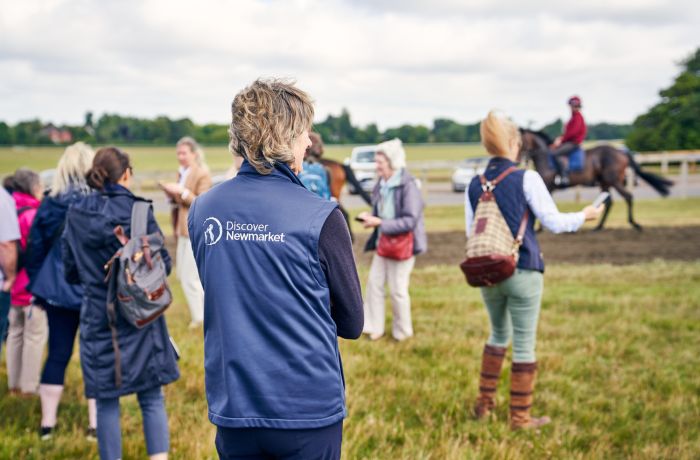 Tour group watching horses at gallops at newmarket