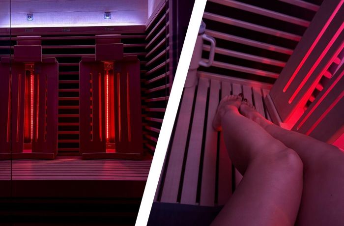 Split photo of an infrared sauna and a womans legs sitting in sauna at thriyv clinic in manchester