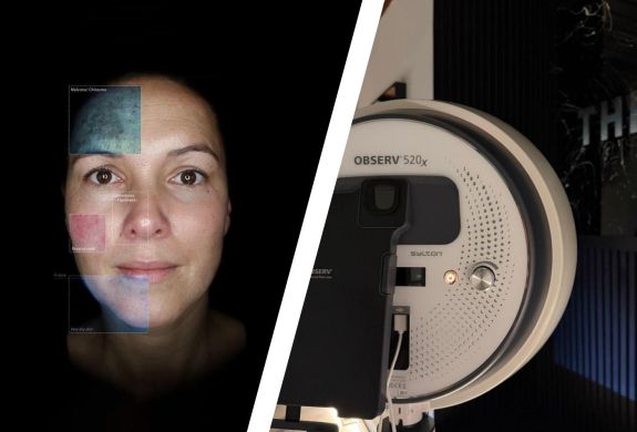 Split photo of a scan of a womans face and the scanning machine at thriyv clinic in manchester