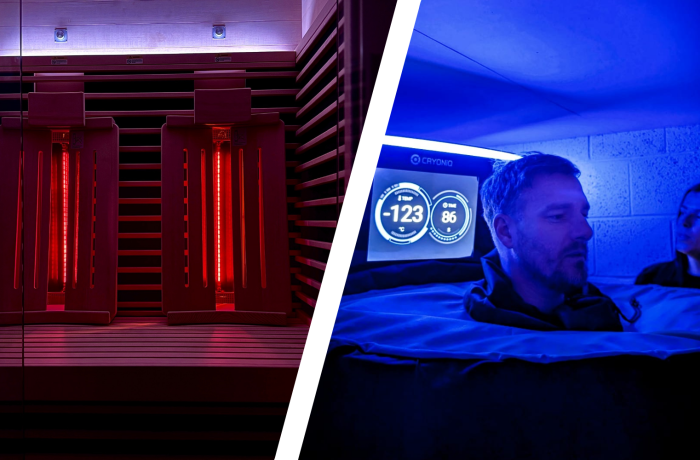 Split photo of the infrared sauna and cryotherapy treatment at thriyv clinic in manchester