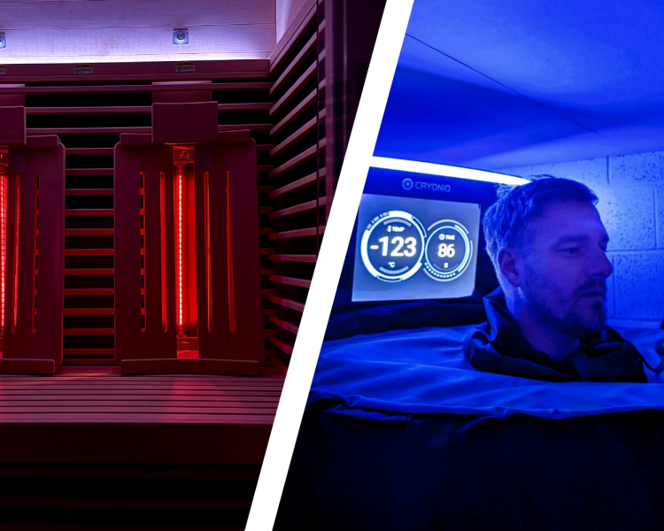Split photo of the infrared sauna and cryotherapy treatment at thriyv clinic in manchester