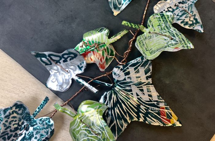 an ivy garland made from recycled metal drinks cans