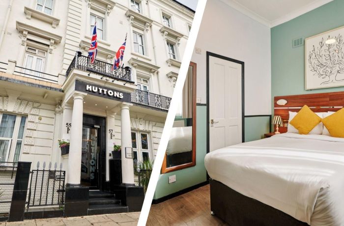 Split photo showing the front of huttons hotel in london and a double room
